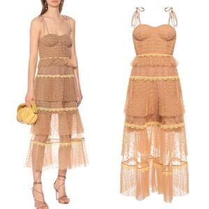 Self-Portrait Tulle Swiss Dot Dress Size 4 Nude Chiffon Yellow Tiered NEW $530